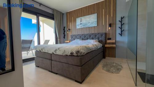 Master bedroom with double box-spring bed and garden view