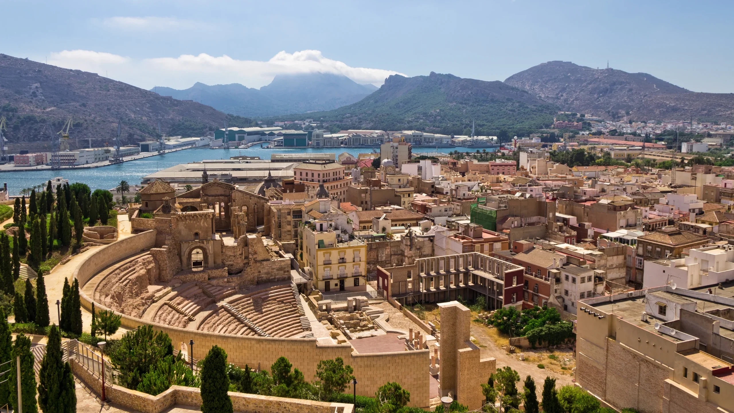 Panoramic view of Cartagena and the surrounding hills in Murcia