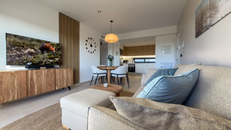 Open-plan living and dining room looking towards the kitchen
