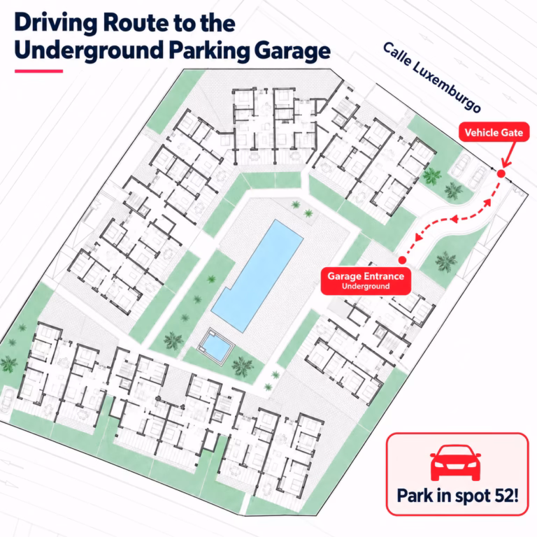 Parking directions map showing the garage entrance on Calle Luxemburgo and the route to parking space 52 at Casa Los Narejos.